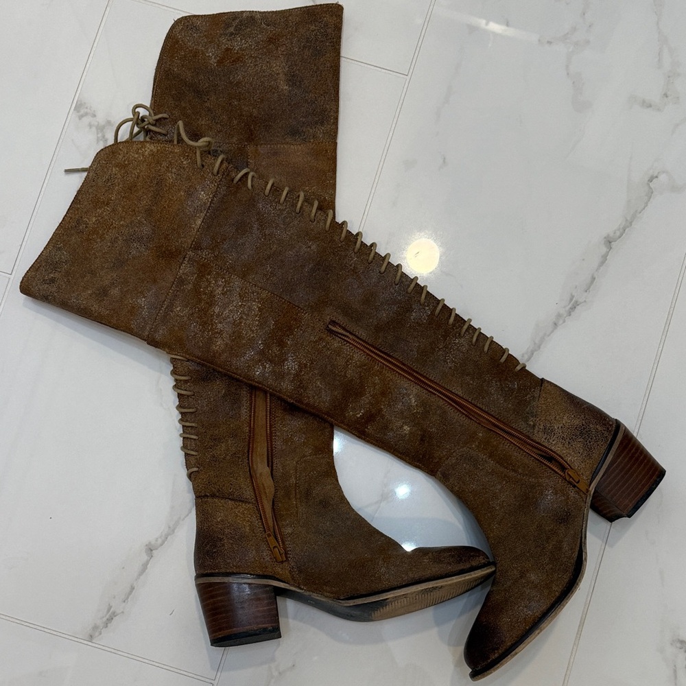 Distressed leather Brown Lace-Up Heeled Boots - Picture 3 of 6